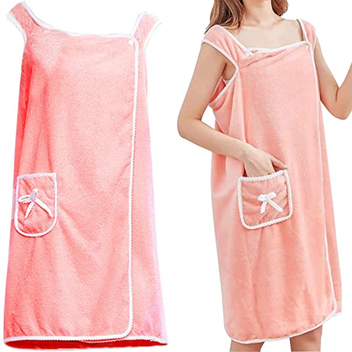 4EVER Bath Towel Wrap Coral Fleece Bathrobes Highly Absorbent Off Shoulder Bath Sleeveless Dress Beach Coral Fleece Towelling Bath Robe, Spa Sauna, Cute Pocket Design(Pink, 80 x 135 cm), One Size