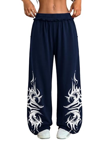 ZAFUL Womens Wide Leg Sweatpants Y2K Gothic Graffiti High Waisted Lounge Pants Athletic Joggers Pants with Pockets
