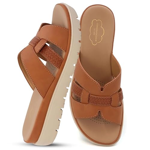 YOKI TUNSA-14 Wedge Sandals For Women With Comfort Footbed – Slip On Wedge Slides, Open Toe Shoes, Summer Dress Shoes, Casual Leather Sandals - Rust, Size 9