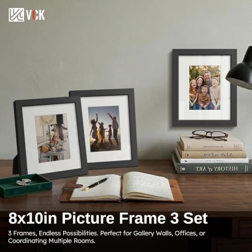 Image of VCK 8x10 Picture Frame 3 Pack, Black Wood, 5x7 Mat, Glass, for Photo Print
