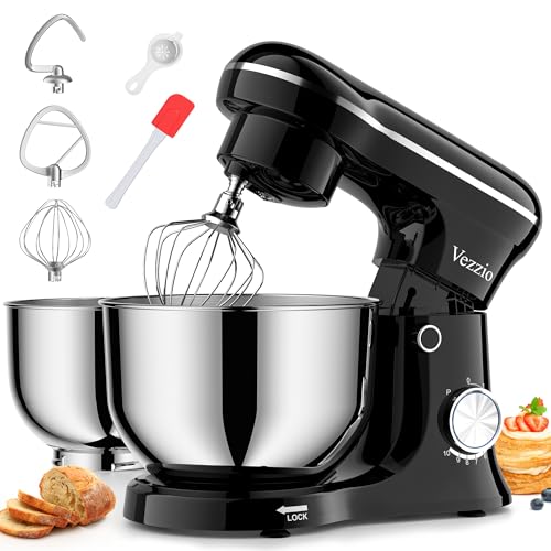 Vezzio Batidora de pie, 1500 W, 2 cuencos de 5 L + 6 L, 10 velocidades, incluye batidor, gancho para amasar y batidor plano, para hornear y cocinar en casa (negro)