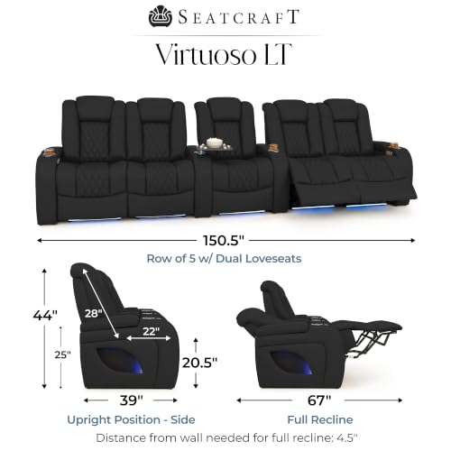 Image of Seatcraft Virtuoso LT Black Italian Leather Home Theater Seating, Zero Gravity Power Recliner, Heat and Massage, Powered Headrest and Lumbar Gaming and Home Office Chair, Row of 5 Dual Loveseats