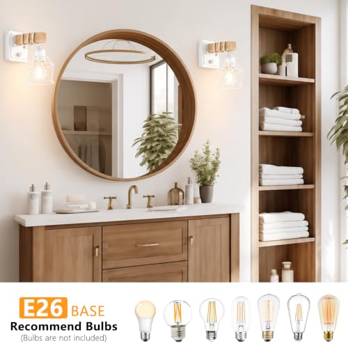 Image of FadimiKoo Wall Sconces Set of Two, Farmhouse Hardwired White Wall Lamps with Wooden Arm & On /Off Dimmable Switch, Modern Bathroom Light Fixtures with Metal Shade for Living Room, Hallway, Bedroom