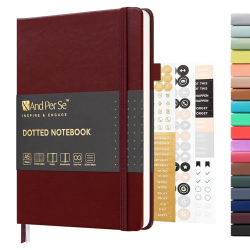 &And Per Se Dotted Journal Notebook, A5 Hardcover Leather Dotted Journal, 160 Pages 100gsm Thick Dot Grid Paper, 3 Sheets of Stickers Included - 5.7'' x 8'' (Dark Red)