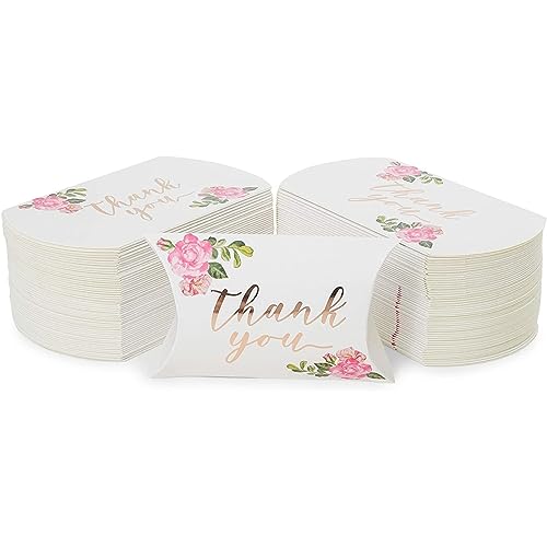 Sparkle and Bash Floral Pillow Boxes - Pre-Scored Easy-Fold Thank You Pillow Box - Floral Gift Packaging for Wedding Favors - Multi-Occasion Party Favor Package - 100 Pack, Rose Gold, 5.15 x 1.35 in