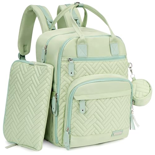 iniuniu Diaper Bag Backpack, 4 in 1 kit Large Unisex Baby Bags for Boys Girls, Waterproof Travel Back Pack with Diaper Pouch, Washable Changing Pad, Pacifier Case and Stroller Straps, Light Green