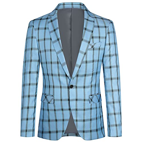YOUTHUP Blazer Hommes Slim Fit 1 Bouton Veste de Costume à Carreaux Blazer élégant pour Hommes, Bleu, XXL Cover