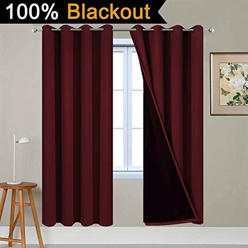 Image of Yakamok Burgundy Red Blackout Curtains 72 Inches Long for Bedroom 52 inch Wide | Blackout Curtain Panels for Bedroom, 2 Thick Layers Grommet Top Thermal Insulated Drapes with Black Liner for Living Room