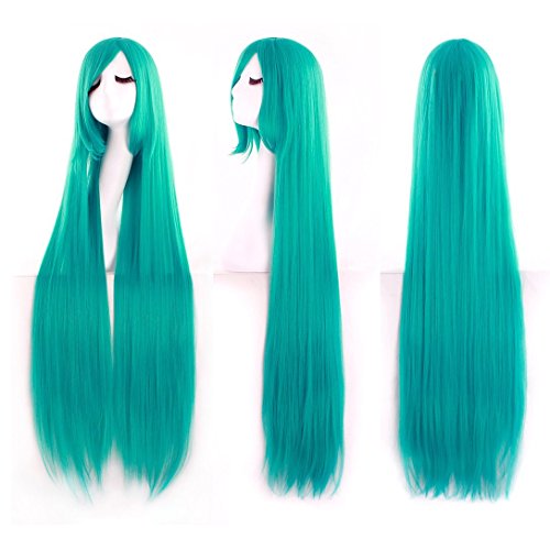 Image of MapofBeauty 40 Inch Oblique Bangs Anime Long Straight Wig, Dark Turquoise