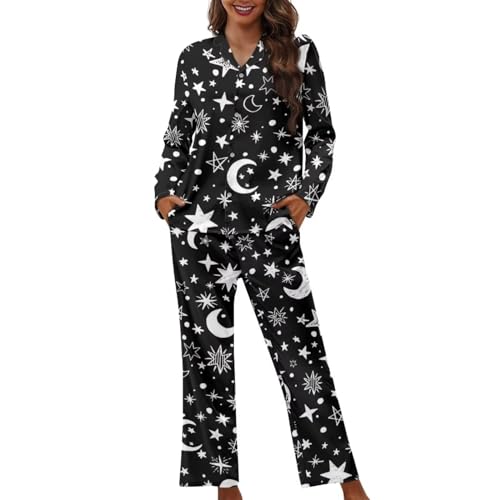 Image of TOFRIMADE Pajamas for Women Set Long Pants Sleepwear Sets Soft Comfy Night Wear V-Neck Loungewear Cute Pajama House Wear, Moon Stars, S
