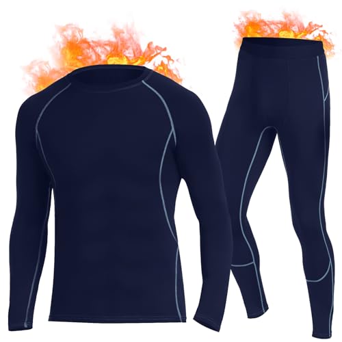 SIMIYA Thermal Underwear Set for Men Long Johns with Fleece Lined Base Layer for Workout Skiing Running Hiking Navy Blue