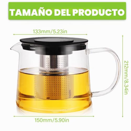 Miniatura 2 de Behogan: Tetera De Cristal Con Colador, 1,5 L, Vidrio De Borosilicato, Transparente