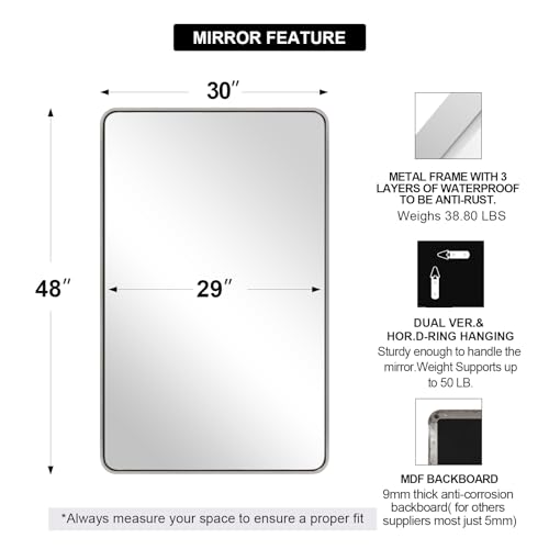 Image of ANDY STAR 48 inchX30 inch Chrome Bathroom Mirrors, Polished Chrome Vanity Mirror, Rounded Rectangle Mirror for Wall, SUS304 Anti-Rust Tube Metal Frame, Wall Mounted Horizontal /Vertical 1'' Deep