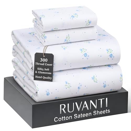 RUVANTI 100% Cotton Sheets Queen Size Bed Set - 300 Thread Count Silky Soft Sateen Weave, Cooling...