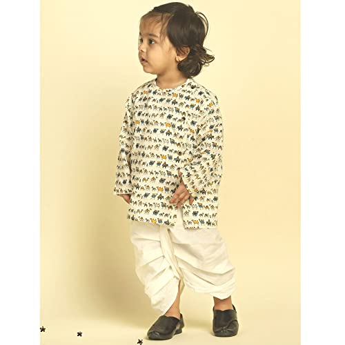 Image of POLKA TOTS Boy's Cotton Full Sleeve Angrakha Kurta with Dhoti Set for Baby Kid, Traditional Ethnic Wear for Kids, Printed Dhoti Kurta Set with Round Neck for Boy's