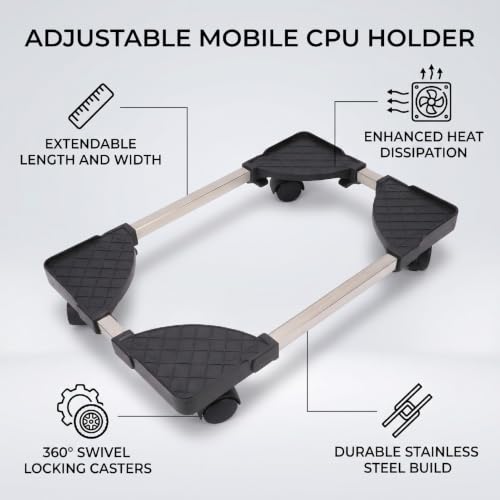 Soporte para torre de computadora Luocute, soporte móvil ajustable con 4 ruedas bloqueables para la mayoría de torres de PC bajo escritorio (Negro) miniatura 4