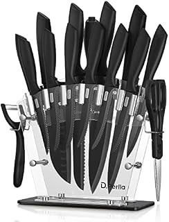 Knife Set, D.Perlla 16 PCS High Carbon Stainless Steel Kitchen Knife Set, BO Oxidation, Non Slip Handle, Sharp Knife, Rust and Corrosion Resistant, Knife Set with Acrylic Stand and Steak Knives