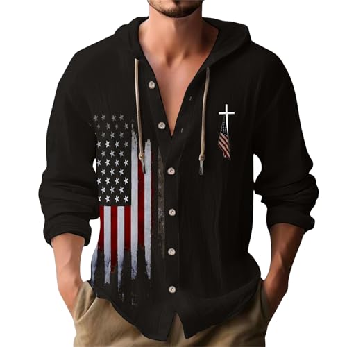 Hoodies for Men Summer Casual Button Down Long Sleeve Shirts Loose Fit Comfy Breathable Cool Memorial Day Sweatshirts