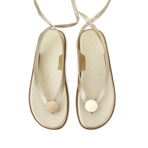 Image of Flat Sandals for Women Strappy Sandals Comfortable Dressy Beach Flip Flop Slides Thong Sandals for Women with Metal Circular