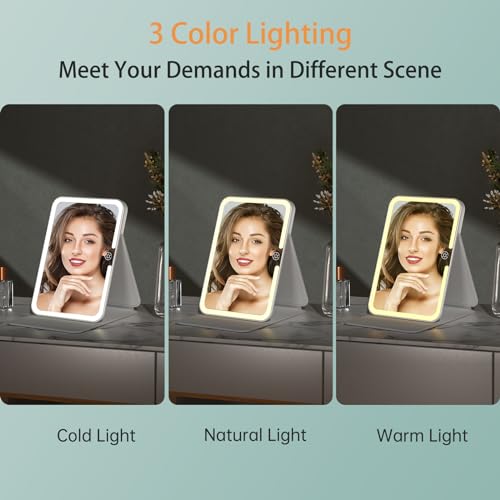 Image of Rechargeable Travel Lighted Makeup Mirror with PU Leather Cover, Portable Travel Makeup Mirror with lights, 3 Color Lighting,Touch Sensor Dimmable, Light Up Tabletop Cosmetic Mirror Folding Flower