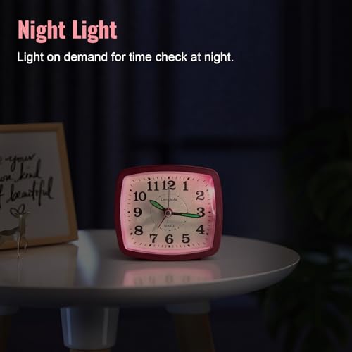 Image of Lamisola Analog Travel Alarm Clock for Bedroom, Small Desk Clock, Pink | Retro Battery Clock for Bathroom Shelf Table Bedside, Night Light Silent Snooze Clear Display for Kids Teens Girls