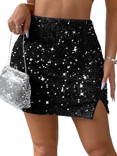 WDIRARA Women's Glitter Contrast Sequin Skirt Split Hem Bodycon Short Club Party Skirts