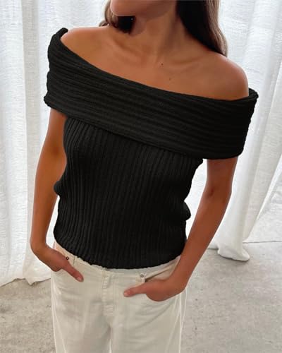 Image of Womens Off The Shoulder Sleeveless Sweater Tops Summer Ribbed Knit Pullover Sweaters Black