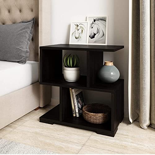 Image of Wooden Bedside Table for Bedroom | Modern Side Table for Living Room | Small Nightstand /End Table with Open Shelf | Compact Table for Home (Brown,)