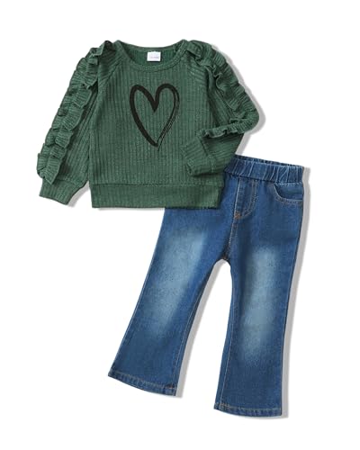SODLON 2T Girl Clothes Toddler Girl Clothes 3T Winter Outfits Dark Green Girls Sweatsuit Ruffle Heart Sweatshirt Bottoms Jeans Spring Denim Pants Clothing Set