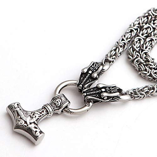 Thor's Hammer Pendant Double Dragon Head Byzantine Chain Necklace for Men,Handmade Norse Viking Mixed Gold Mjolnir Amulet Scandinavian Celtic Pagan Jewelry