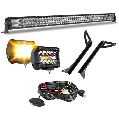 FEELON 5D 52'' inch LED Light Bar + 4'' White/Amber Yellow LED Pods Strobe Fog Light Spot Flood Offroad with Upper Windshield Mounting Brackets and Switch Wiring Harness Fit 1987-1995 Wrangler YJ