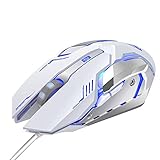 LENRUE Laser Gaming Mouse Wired with 6 Programable Buttons 4 Color Cycle Breathing, High Precision Metal Base, Used for Games and Office (White)