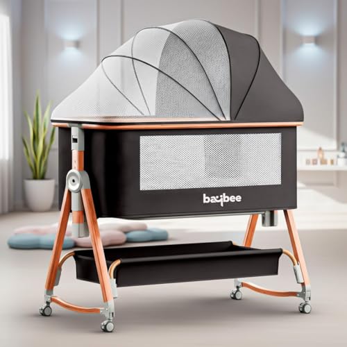 BAYBEE Premium Bedside Crib for Baby Bedside Bassinet for Kids with 6 Height Adjustment Multipurpose Tray & Rocking, Wheels, Mosquito Net, Storage, Portable Bedside Crib Cot for 0 to 3 Years (Black)