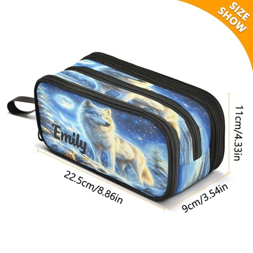 Image of ALAZA Custom Large Pencil Case with Name Wolf Moon Snow Mountain, Pen Pouch Pencil Bag with 3 Compartments Pen Holder Organizer Stationery Bag