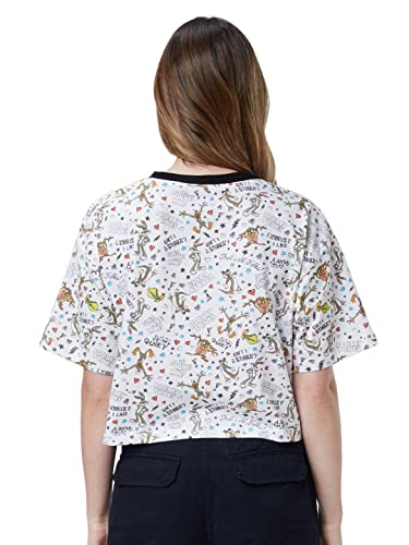 Image of The Souled Store| Official Looney Tunes: Doodle Pattern Women and Girls T-Shirts|Half Sleeve|Loose fit Graphic Printed|100% Cotton White Color Women Oversized Cropped T-Shirts