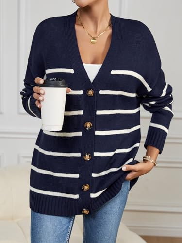 Womens Oversized Cute Striped V Neck Button Long Cardigan Fall 2024 Lightweight Ribbed Knit Sweater Cardigans4