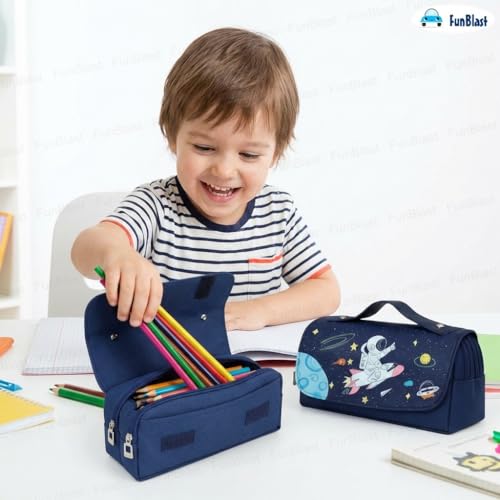 Image of FunBlast Multi-Purpose Pouch - Double Compartment Large Capacity Pouch - Happy Planet Zipper Pencil Case for Kids, Pencil Box for Kids, Stationary Pouch for Students School Supplies (Blue)