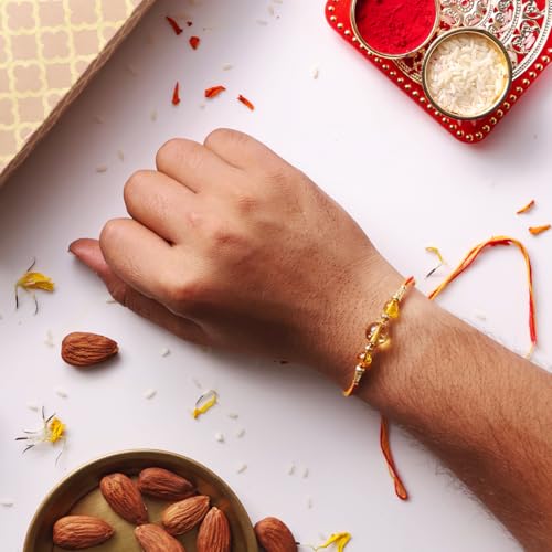 Image of Shubhanjali Crystal Beads Rakhi for Brother | Handmade Healing Crystal Stone Designer Rakhi for Bhaiya | Raksha Bandhan Gift Set with Roli Chawal, Kumkum, Greeting Card & Potli