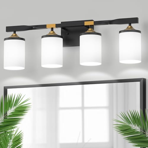 Image of DORESshop Bathroom Light Fixtures, 4-Light Black and Gold & Milky White Bathroom Lighting Fixtures Over Mirror with Milk Glass Shade, Modern Vanity Lights for Hallway Bedroom