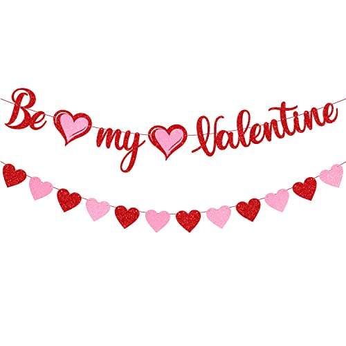 Image of FestikoRed Glitter Be My Valentine Banner and Red Pink Glitter Hearts Banner Happy Valentine's Day Garland Banner Valentines Day Wedding Engagement Party Fireplace Mantle Decorations Supplies