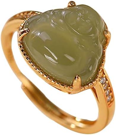 S925 Silver Gold-Plated Natural Hotan Jasper Maitreya Buddha Ring (Adjustable Opening) for Women Yoga Genuine