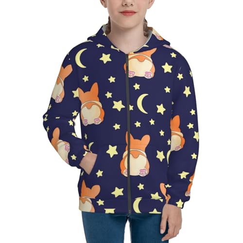 Corgi Lying With Moons And Stars Kids Pullover Hoodies Boys Zip Up Sweatshirts Girls Athletic Clothes with Pocket3