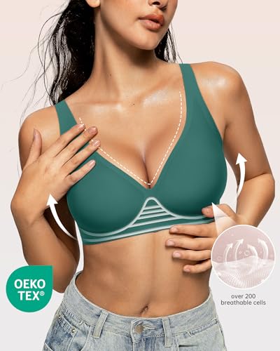 Image of OEAK Womens Deep V Bras Wireless Comfortable Bra Supportive No Underwire Bras Tshirt Push Up Bralettes Plunge Seamless Bra