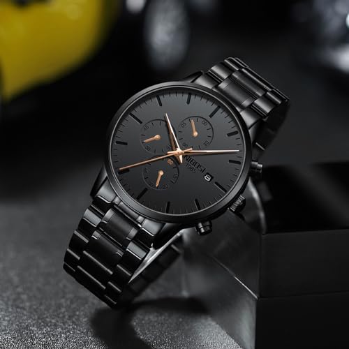 Image of NIBOSI Men's Watches Analog Minimalist Black Dial Watch for Man Business Chronograph Casual Watches Stainless Steel Strap Date
