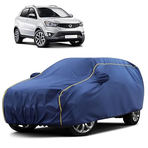 Image of Sulfar 100% Water Resistant Car Body Cover Compatible with Mirror for SsangYong Korando (Triple Stitched, Full Bottom Elastic, Blue Taffeta with Yellow Piping)
