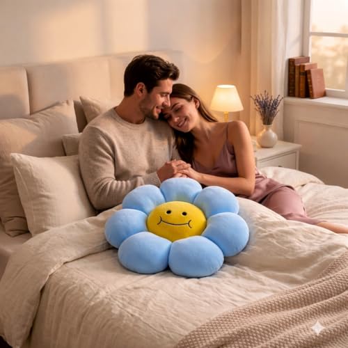 Image of AVSHUB Smiley Flower Cushion 30 cm | Soft Plush Pillow for Sofa Bed Decor | Cute Round Floral Shape Throw Cushion for Kids Room Living Room Gift Item (Blue)
