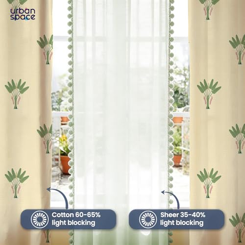 Image of Urban Space Printed 100% Cotton Curtain for Window, Cotton & Sheer Combo Set of 3 Curtains 5 Feet Long, Tieback & Eyelets Included with Curtains for Room Darkening (Palm Lagoon Green & Mint pom pom)