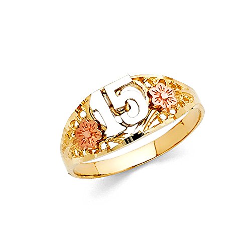 Floral Design '15' Quinceanera Ring Solid 14k Yellow Gold Tricolor Fancy Design High Polished