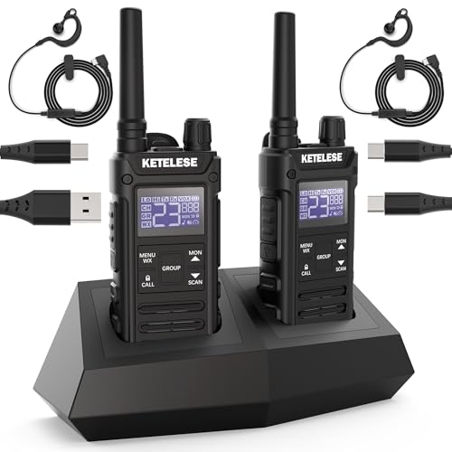 Image of KETELESE T3G IP67 Waterproof Walkie Talkies for Adults, Heavy Duty 2 Way Radios with Earpiece, Three Charging Options, GMRS Radio, USB, NOAA, VOX(2 Pack), Black /Grey