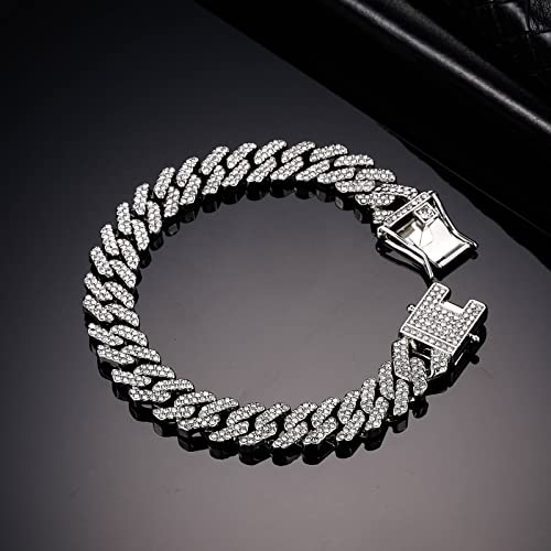 Hdmenc Mens Miami Cuban Link Chain Bracelet 12Mm Diamond Prong Cuban Chain 8 Inch Length Hip Hop Jewely With Gift Box (Silver, 8 Inch) #TOP3
